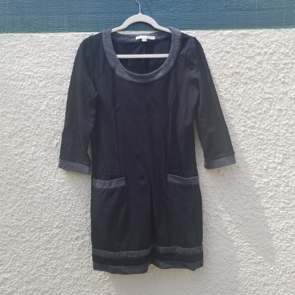 Boden black knit 3/4 sleeve mini dress with dark gray trim and pockets size 8